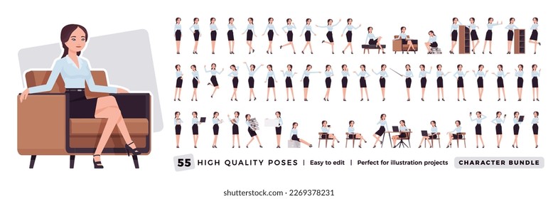 Businesswoman character set, professional business bundle. Office girl, nice female manager workwear, poses, emotions, office situations. Vector flat style cartoon character isolated, white background