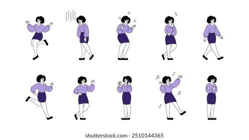 Businesswoman character set. Various activities and emotions at work. Professional engagement, decision-making, and relaxation. Vector illustration.