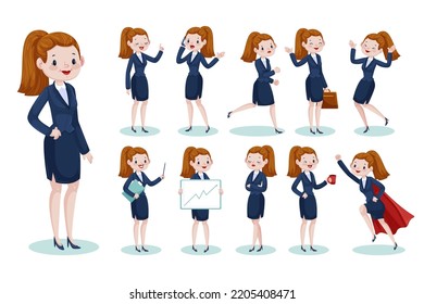 Businesswoman character set wearing business outfit with different set of pose doing different actions with presentation board graph chart and posing isolated