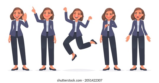 Businesswoman character set. Woman employee of the company greets, points out, jumps happily, looks at the watch, deadline, confused. Vector illustration in cartoon style