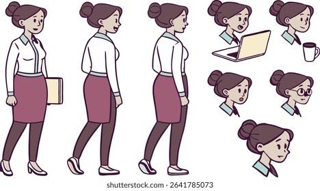 Businesswoman character sheet with office poses and facial expressions.