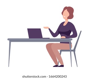 Businesswoman Character Sitting at the Desk Working at Computer and Arguing Flat Vector Illustration