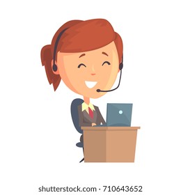 Businesswoman character sitting with laptop and headset, call center operator with a headset cartoon vector Illustration
