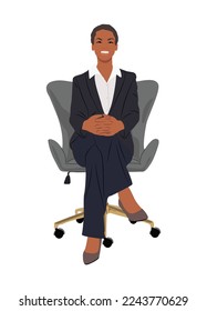 Businesswoman character sitting in office chair. Pretty young black woman wearing formal suit and high heels. Attractive African lady boss. Vector realistic illustration isolated on white background.