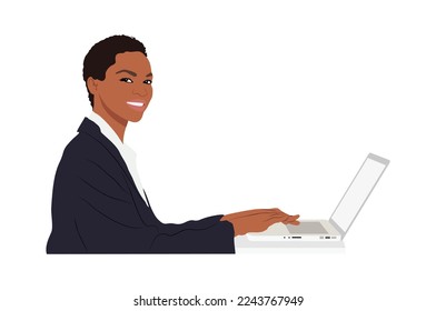 Personaje de mujer de negocios sentado y trabajando en una laptop. Mujer negra muy joven con traje formal en la oficina. Atractiva jefa de la dama africana. Ilustración vectorial realista aislada en fondo blanco.