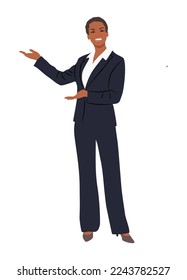 Businesswoman character standing, pointing, presenting. Pretty young black woman wearing formal suit, high heels. Attractive African lady boss. Vector realistic illustration isolated, white background