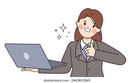 Personaje de mujer de negocios en uniforme de traje. Empleados en el trabajo. Mujer joven exitosa que usa el signo de los pulgares hacia arriba del ordenador portátil. Concepto de tecnología de computadora portátil en garabato vector dibujado a mano.