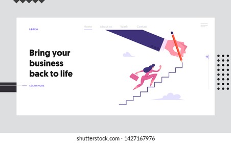 Businesswoman Character with Suitcase Climbing Upstairs Website Landing Page, Financial Success, Business Woman Goal Achievement, Leadership Concept, Web Page. Cartoon Flat Vector Illustration, Banner