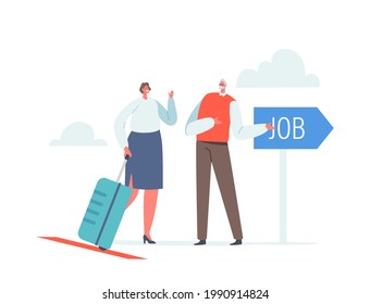 Businesswoman Character with Suitcase Research Job Opportunity in Foreign Country. Woman Leaving Motherland for Employment Abroad. Work Migration, Drain Brain. Cartoon People Vector Illustration