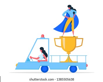 Businesswoman Character Super Hero with Golden Prize. Woman Winner with Cup. Career Growth Leadership Concept, Business Achievement. Vector flat illustration