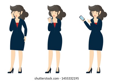 Businesswoman character using smartphone. Vector illustration.
