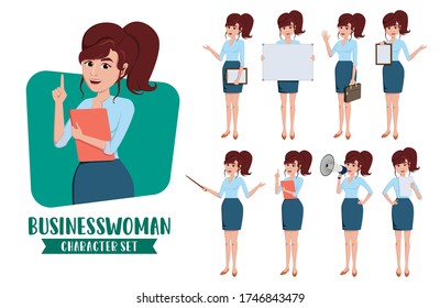 Businesswoman character vector set. Business woman character for sale presentation of office staff or secretary presenting, announcing and talking for corporate isolated in white background.