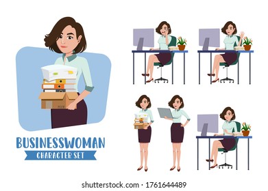 Businesswoman character vector set. Business woman characters office female employee in sitting in office desk holding documents and paper works for business collection design. Vector illustration 