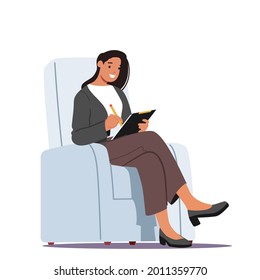 Businesswoman Character Wearing Formal Wear Sitting in Armchair Writing Paper Document, Read Applicant Cv, Conduct Interview. Office Business Routine, Lifestyle. Cartoon People Vector Illustration