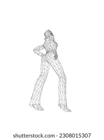Businesswoman character wireframe. Attractive girl wearing formal suit standing. Vector illustration isolated on white background. 3D. Vector business woman black silhouette walk step forward..