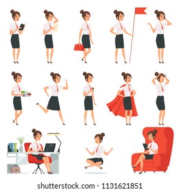 Businesswoman characters. Business ladies in various action pose. Lady busy, character cartoon worker work and relax meditation, vector illustration