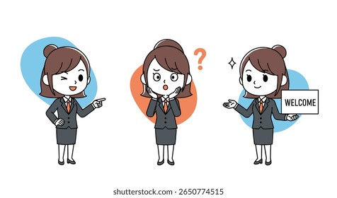 Personagens de empresárias expressando diferentes emoções e gestos para apresentações