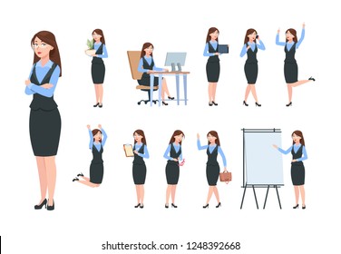 Businesswoman characters. Office professional woman, female in different poses of business activity. Flat cartoon manager vector set