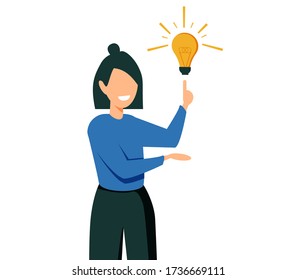 Businesswoman characters. Young office business woman with idea bulb vector isolated presenting character