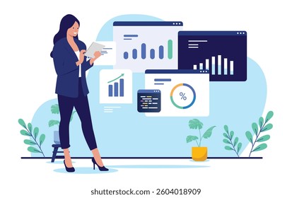 Businesswoman with charts and data - Woman in professional clothing standing working and analysing diagrams and business graph results. Flat design vector illustration with white background