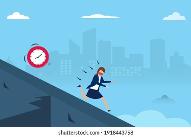 Businesswoman chased by a clock and running down on hill. Deadline vector concept