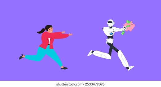 businesswoman chases a robot thief stealing piggy bank  with money vector illustration