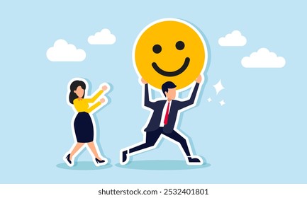 Uma empresária perseguindo um homem de negócios carregando um emoji feliz gigante, ilustração da competição pelo envolvimento do mercado