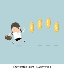 Businesswoman chasing coins video game style. vector