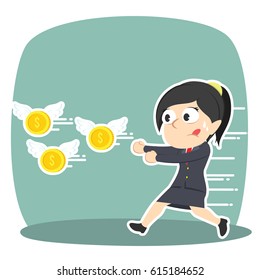 businesswoman chasing flying coin