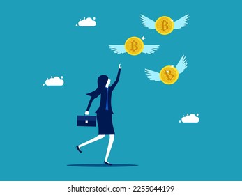 Businesswoman chasing flying digital coins. Loss of property or money. business and finance concept vector