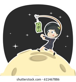 businesswoman is chasing money on moon