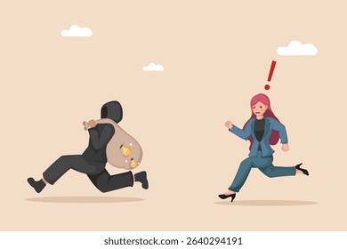 Businesswoman Chasing a Thief Who is Running Away with a Bag Full of Stolen Lightbulb Ideas, Illustrating Intellectual Property Theft and the Urgent Need for Idea Protection.