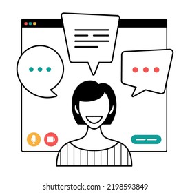 Businesswoman Chatting During Video Call Outline Style Illustration. Woman Having Virtual Conference During Video Call Remote Work Quarantine Isolation Vector Concept.