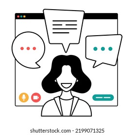 Businesswoman Chatting During Video Call Outline Style Illustration. Woman Having Virtual Conference During Video Call Remote Work Quarantine Isolation Vector Concept.