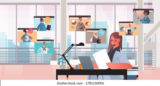 businesswoman chatting with mix race colleagues during video call business people having online conference meeting communication concept office interior horizontal portrait vector illustration