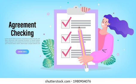 Businesswoman with check list. Man Fill Paper Form of Insurance Policy Document for Medical or Property Protection. Hands holding clipboard with checklist with red check marks and pencil. Flat vector.