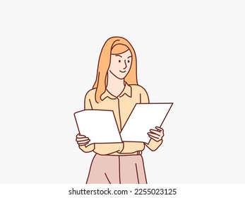businesswoman checking financial papers while standing in office simple korean style illustration