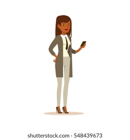 Businesswoman Checking The Phone, Business Office Employee In Official Dress Code Clothing Busy At Work Smiling Cartoon Characters