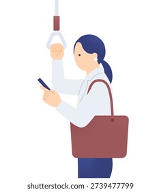 Businesswoman checking a smartphone while commuting on a train. Vector illustration of a female worker using spare time for information gathering or study.