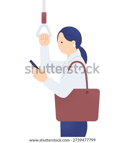 Businesswoman checking a smartphone while commuting on a train. Vector illustration of a female worker using spare time for information gathering or study.