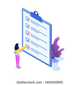 Businesswoman checklist concept. Checking business  task success, questionnaire checkbox. Vector isometric illustration