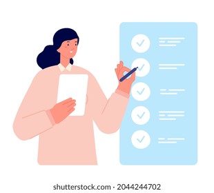 Businesswoman checklist concept. Flat successful girl, writing check task. Business work complete, time management utter vector illustration