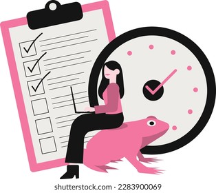 businesswoman with checklist and frog on white background vector illustration design