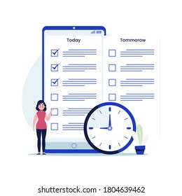 Businesswoman checklist in mobile application. To do list, teamwork, successeful work planning, mission completed concept. Flat design vector illustration