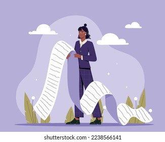 Businesswoman with checklist. Young girl writes down tasks, time management and organization of efficient workflow. Document with tasks and to do list concept. Cartoon flat vector illustration