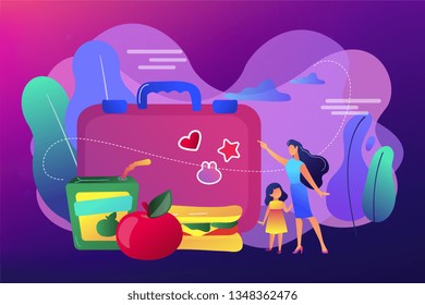 Businesswoman With Child Pointing To Lunch Box And Sandwich With Apple, Tiny People. Kids Lunch Box, Lunch Box Idea, Balanced Kids Nutrition Concept. Bright Vibrant Violet Vector Isolated Illustration