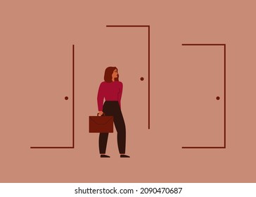 Businesswoman chooses her career path. Unemployed female stands in front of closed doors. Concept of finding right business decisions and employment.  Vector illustration