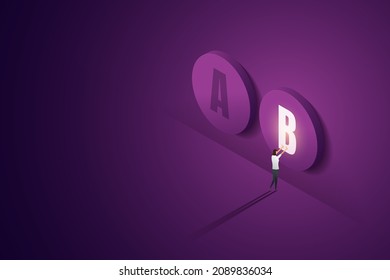 Businesswoman chooses plan b as a choice between Plan A, deciding on a business strategy plan. on a purple background.  isometric vector illustration.