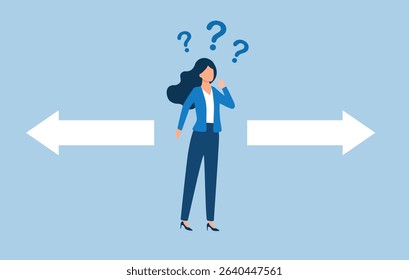 Businesswoman chooses the right or left. Difficult choice between two options. Making a decision.