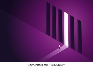 Businesswoman chooses to walk to the door of the bright graph. choice decision opportunity choice inspiration. isometric vector illustration.